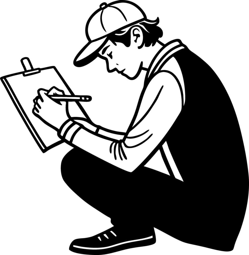 Young Artist Sketching Conceptual Art on Clipboard in Crouching Pose for Creative Projects vector