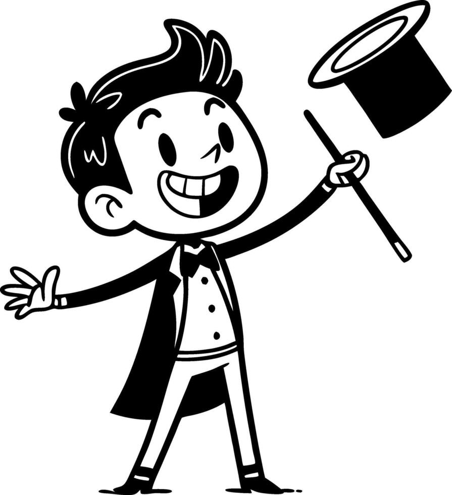 Cheerful Cartoon Magician Performing Magic Trick with Top Hat and Wand for Kids Designs vector