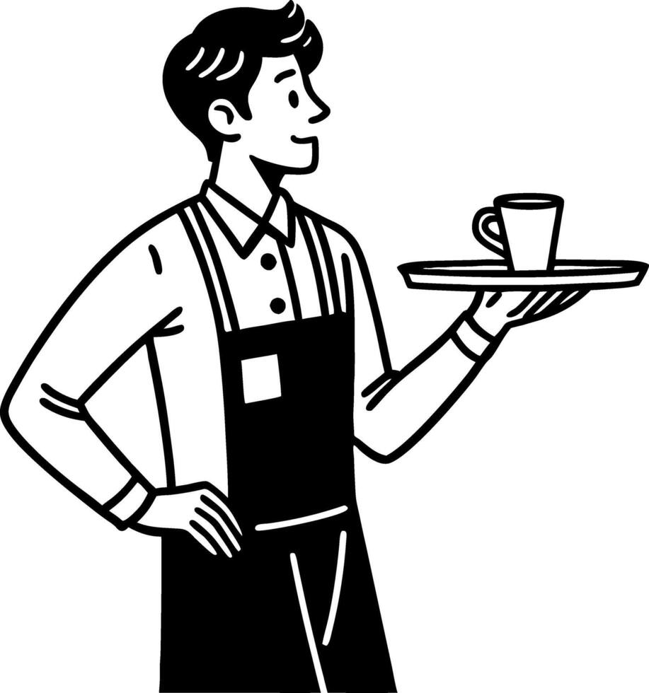 Friendly Male Waiter Serving Coffee on Tray Professional Service Illustration vector