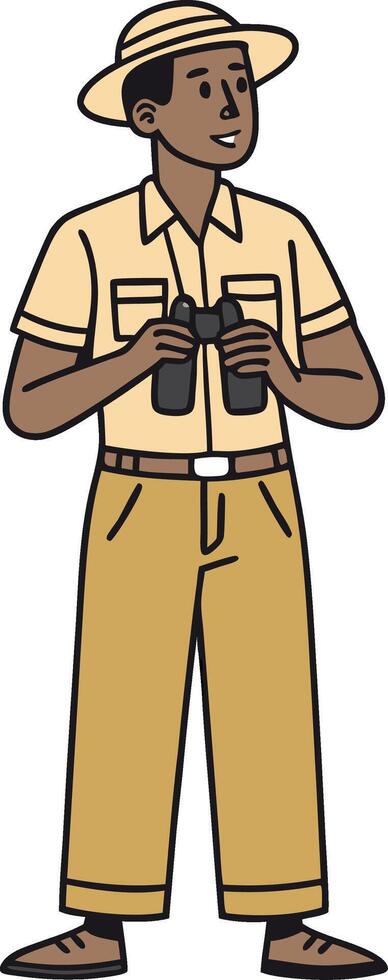 Safari Explorer Holding Binoculars in Outdoor Adventure Attire for Nature Observation vector