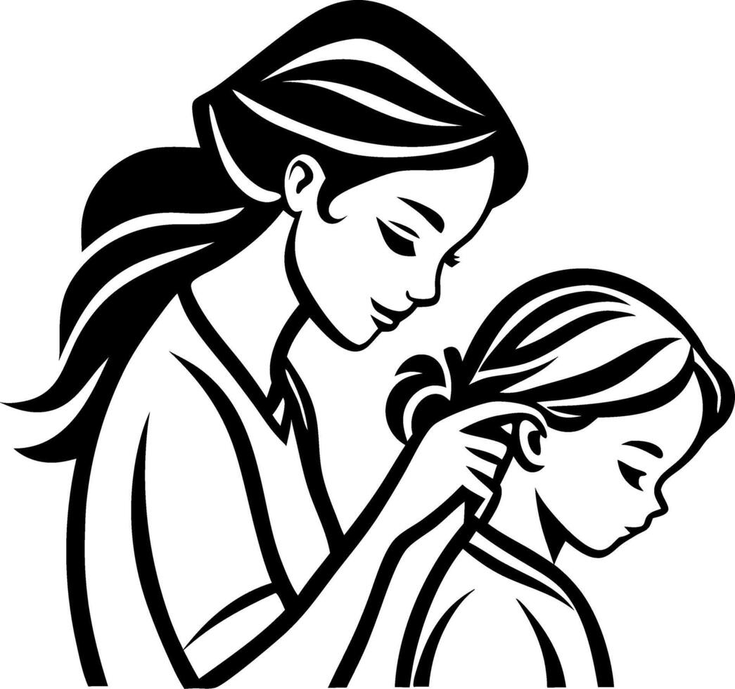 Mother Doing Daughters Hair in Detailed Line Art for Family Bonding Illustrations vector