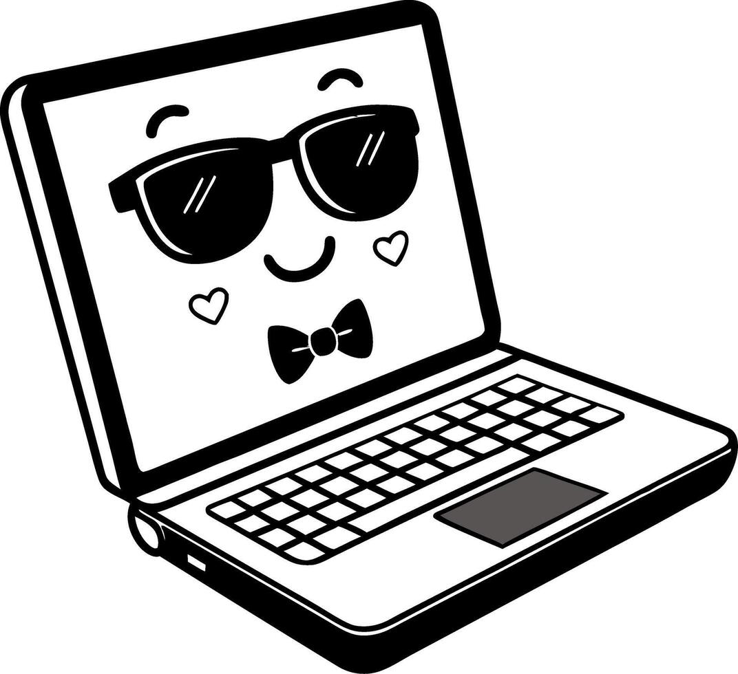Cool Smiling Laptop with Sunglasses Bowtie and Hearts Design for Fun Illustrations vector