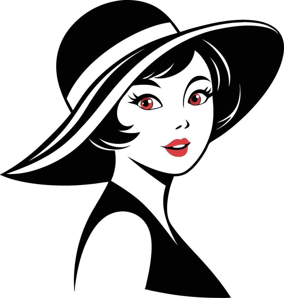 Chic Woman in Wide Brim Hat with Bold Red Eyes Sophisticated Line Art Design for Fashion vector
