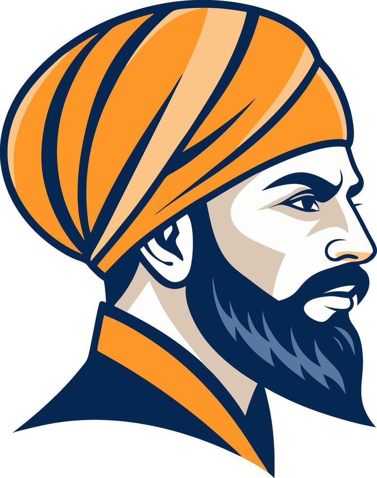 Stylized Sikh Man Profile with Turban in Orange and Blue Colors for Cultural Illustrations vector