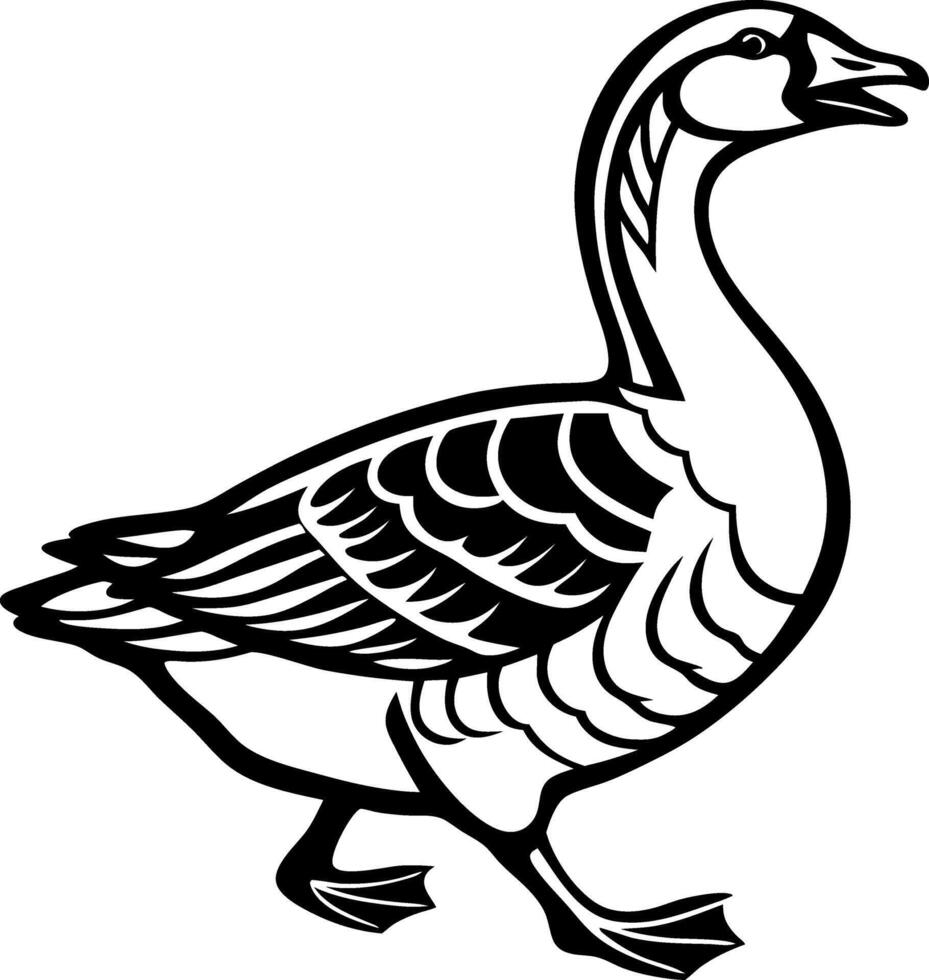 Elegant Black and White Cartoon Goose Walking Design for Tattoo and Coloring Book vector