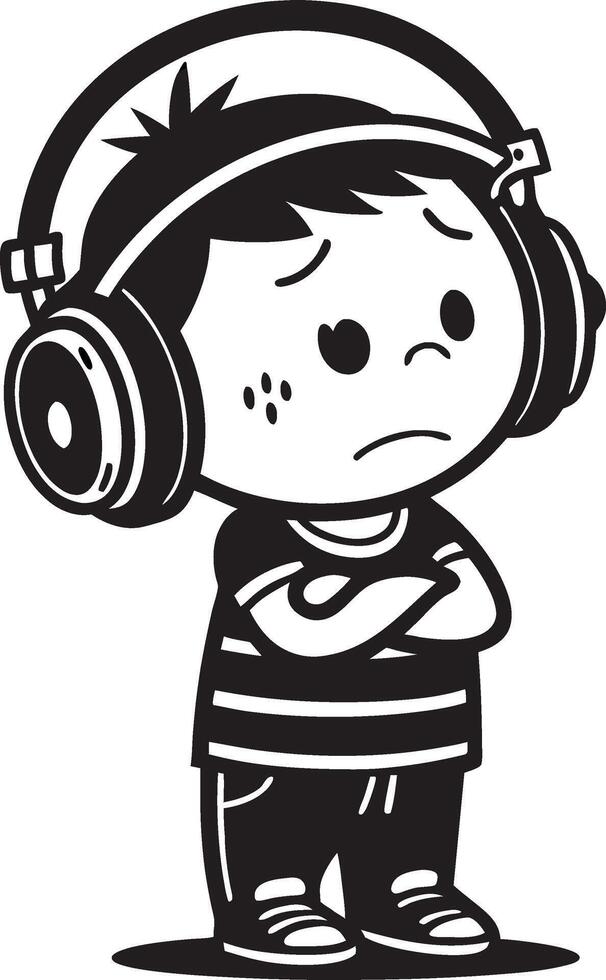 Sad Boy with Headphones Character Design for Kids Book Illustrations and Apparel vector