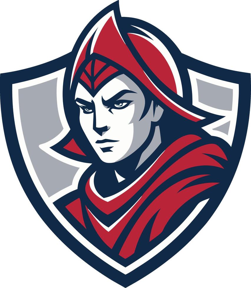 Bold Knight Emblem Design Featuring Fierce Warrior in Red and Navy Colors for Sports Branding vector