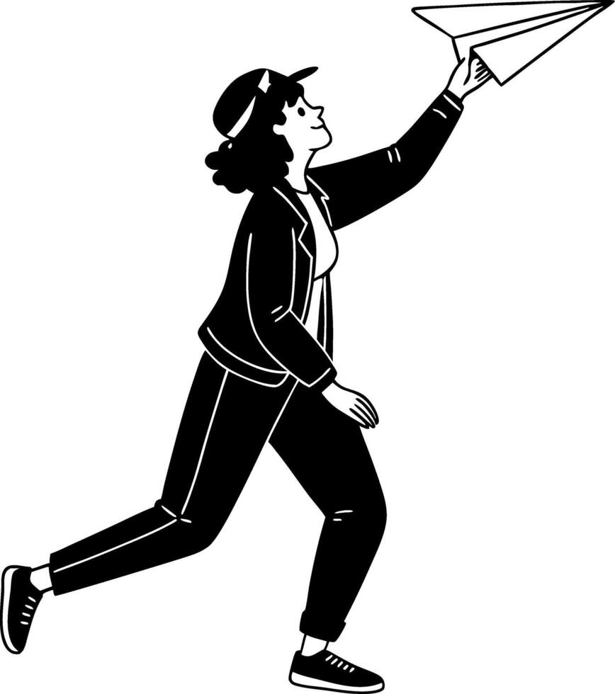 Girl Flying Paper Airplane Illustration for Creative Projects and Designs vector