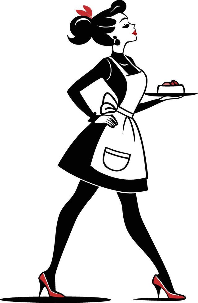 Retro Elegant Waitress Serving Cake in Vintage Style with High Heels and Apron vector