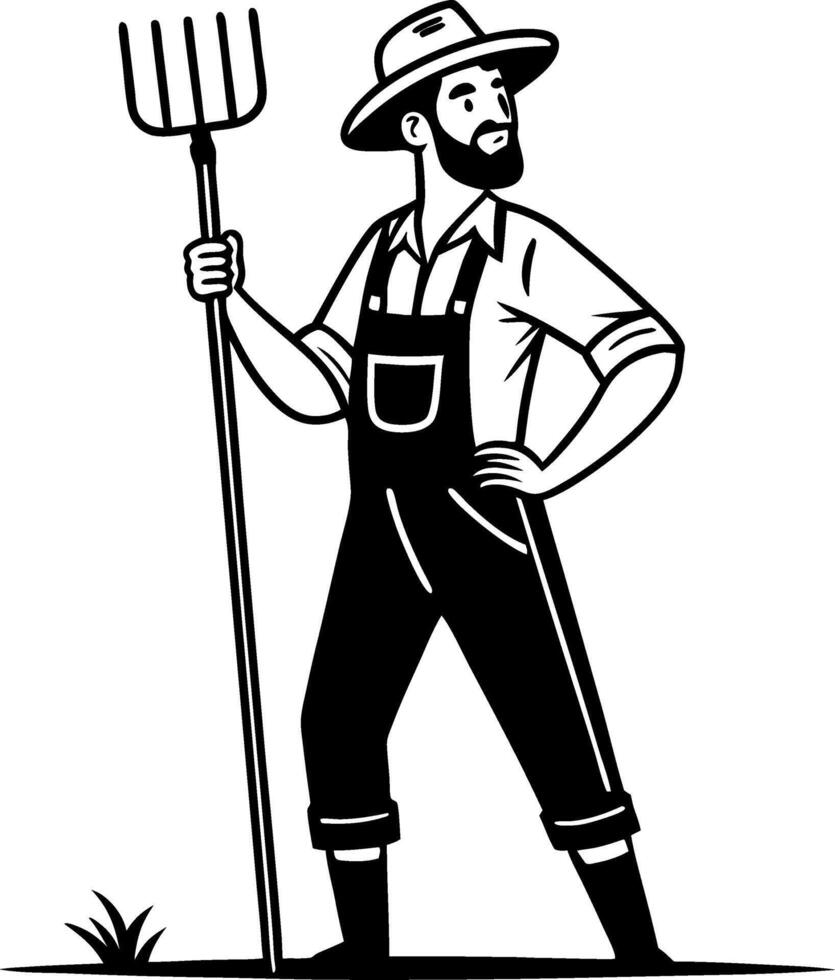Farmer Standing Proud with Pitchfork in Stylish Overalls Vintage Farm Illustration vector