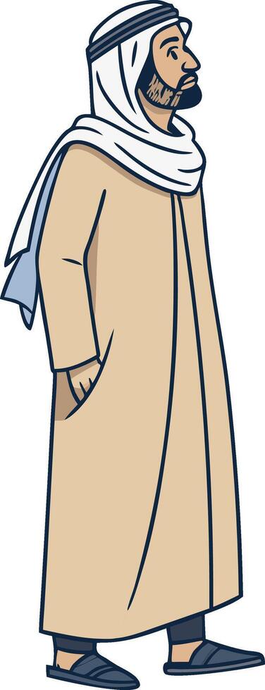 Man in Traditional Middle Eastern Attire Standing Proudly with Thoughtful Expression vector