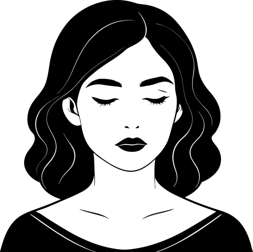 Elegant Woman with Closed Eyes in Minimalist Black and White Design for Tattoo or Coloring Book vector