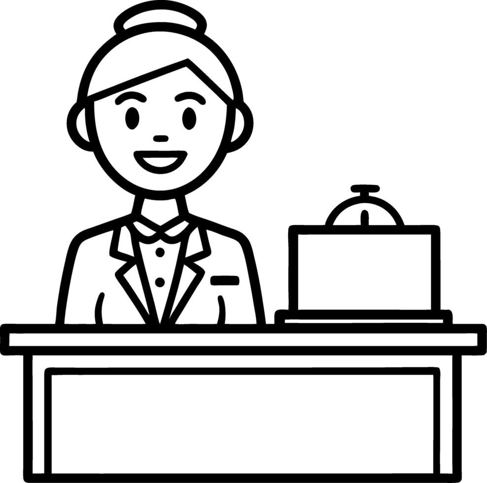 Cheerful Receptionist at Desk with Bell in Modern Office Design for Business Use vector