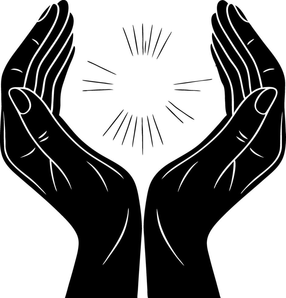 Healing Hands Symbolizing Energy and Protection in Black Silhouette for Mindfulness Illustrations vector