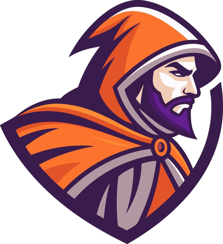 Mystical Warrior Character with Orange Hooded Cloak for Gaming and Branding Designs vector