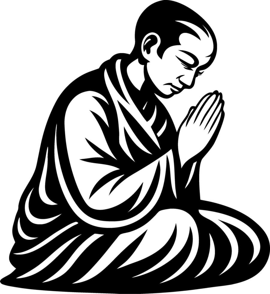 Meditative Monk in Prayer Pose Illustrating Serenity and Spiritual Enlightenment vector