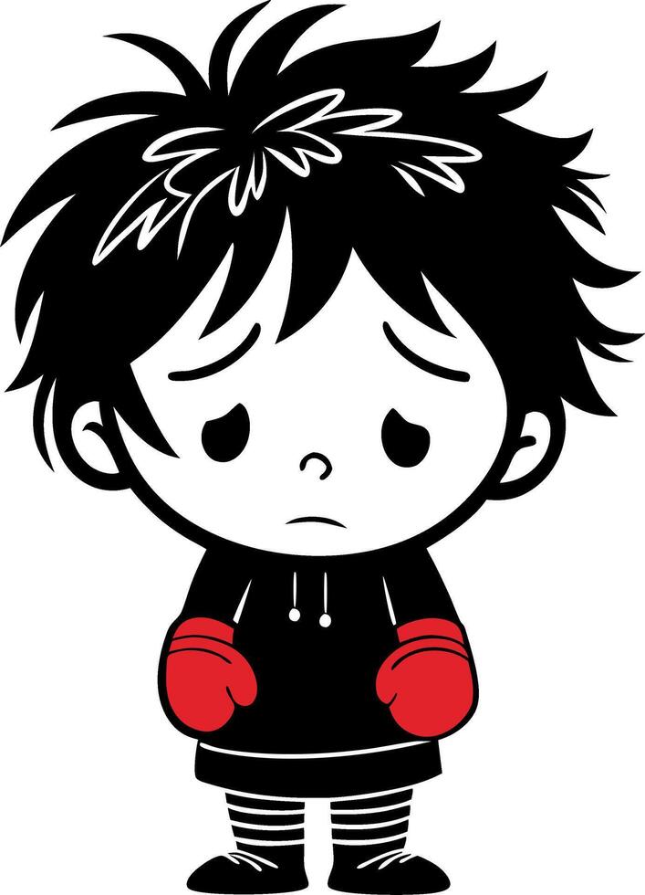 Sad Cartoon Character Boy with Messy Hair and Red Gloves for Coloring and Tattoo Design vector
