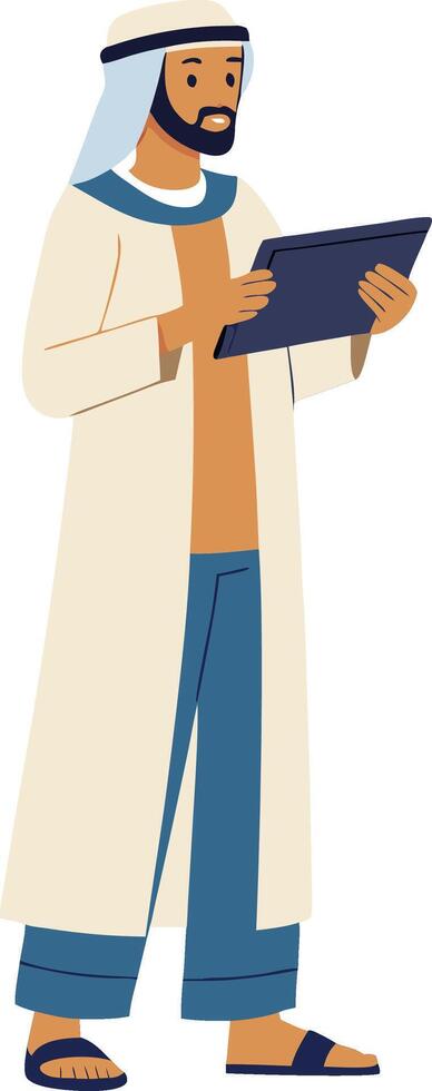 Young Man in Traditional Attire Using Tablet for Modern Technology and Communication vector