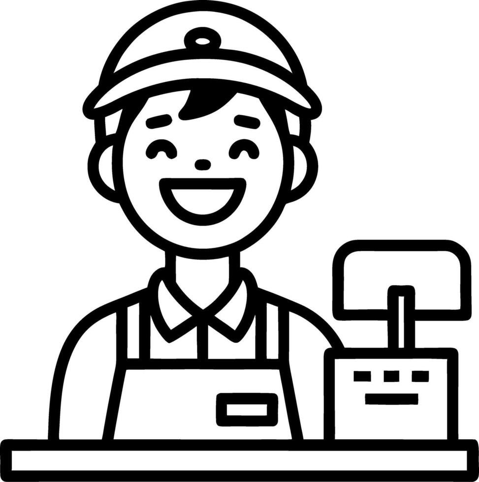Cheerful Cashier Smiling at Register in Fast Food Restaurant Illustration vector