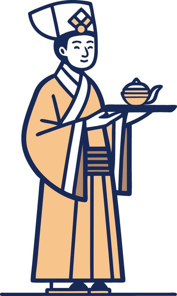 Traditional Asian Server Holding Teapot and Bowl in Elegant Robes for Cultural Designs vector