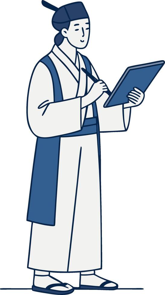 Traditional Scholar Writing on Tablet in Elegant Attire Illustration vector
