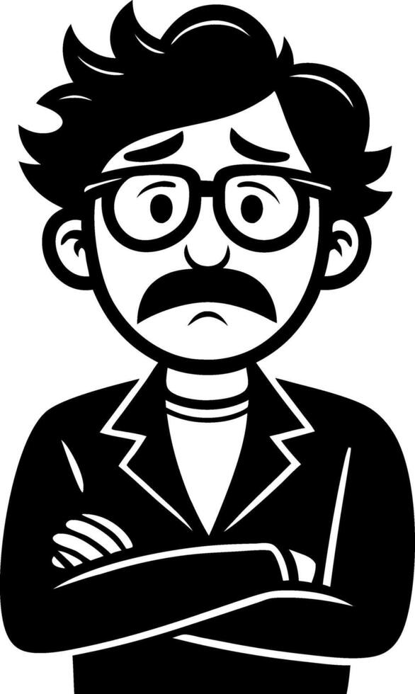 Concerned Cartoon Man with Glasses and Moustache in Black and White Design vector