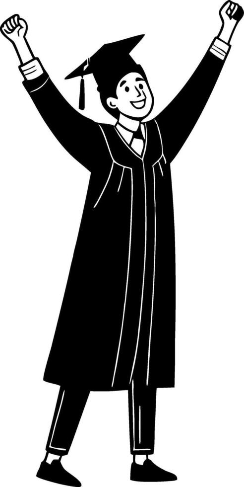 Happy Graduate Celebrating Success in Cap and Gown with Raised Arms for Graduation Designs vector