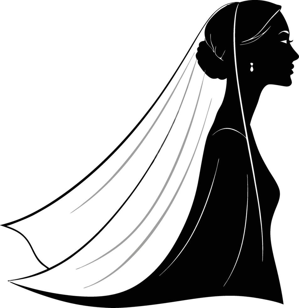 Elegant Bride Silhouette with Long Veil for Wedding Invitations and Bridal Illustrations vector