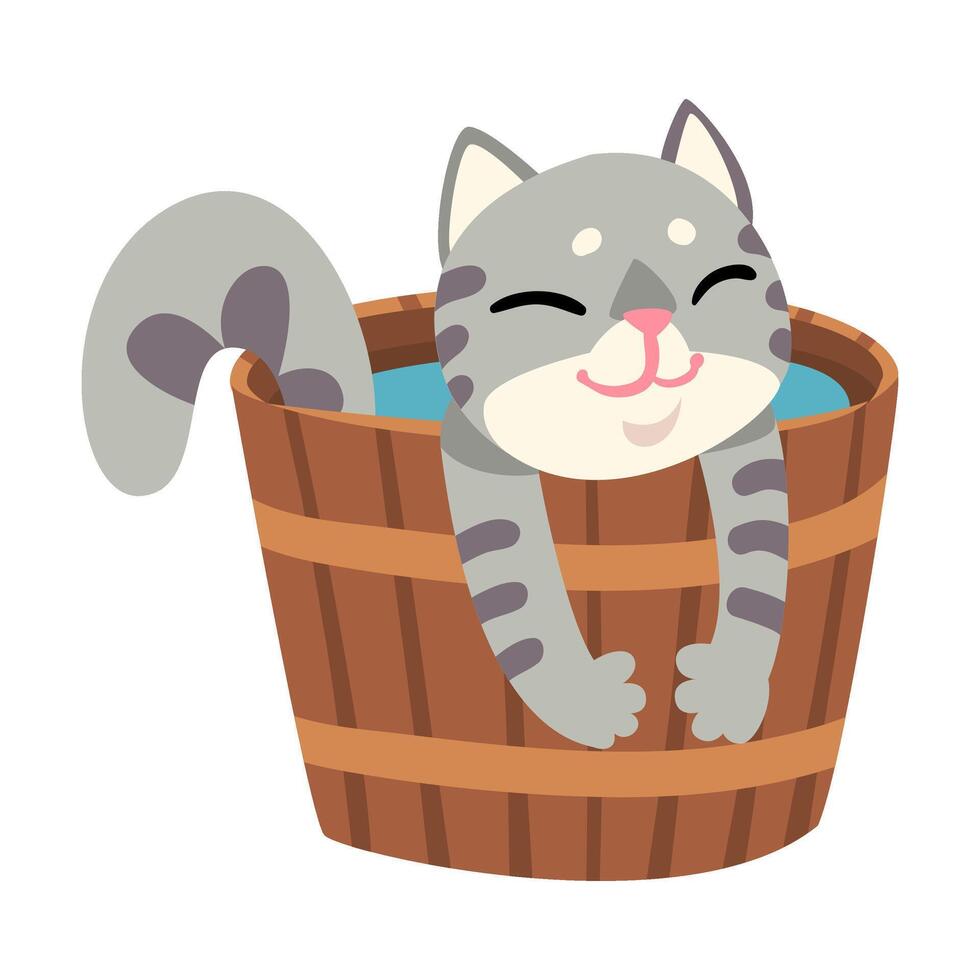 Grey Cat Taking Japanese Hot Spring Bath, Funny Pet Animal Enjoying Spa Procedure in Wooden Barrel illustration vector