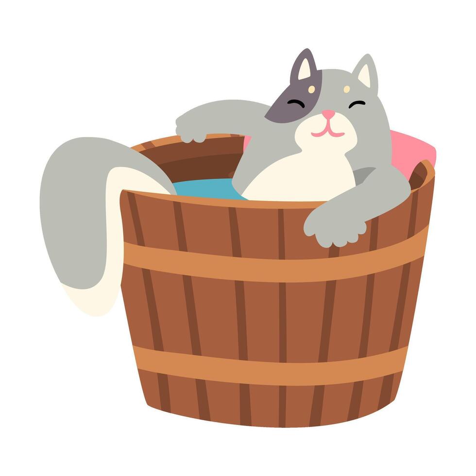Funny Cat Taking Japanese Hot Spring Bath, Pet Animal Enjoying Spa Procedure in Wooden Barrel illustration vector