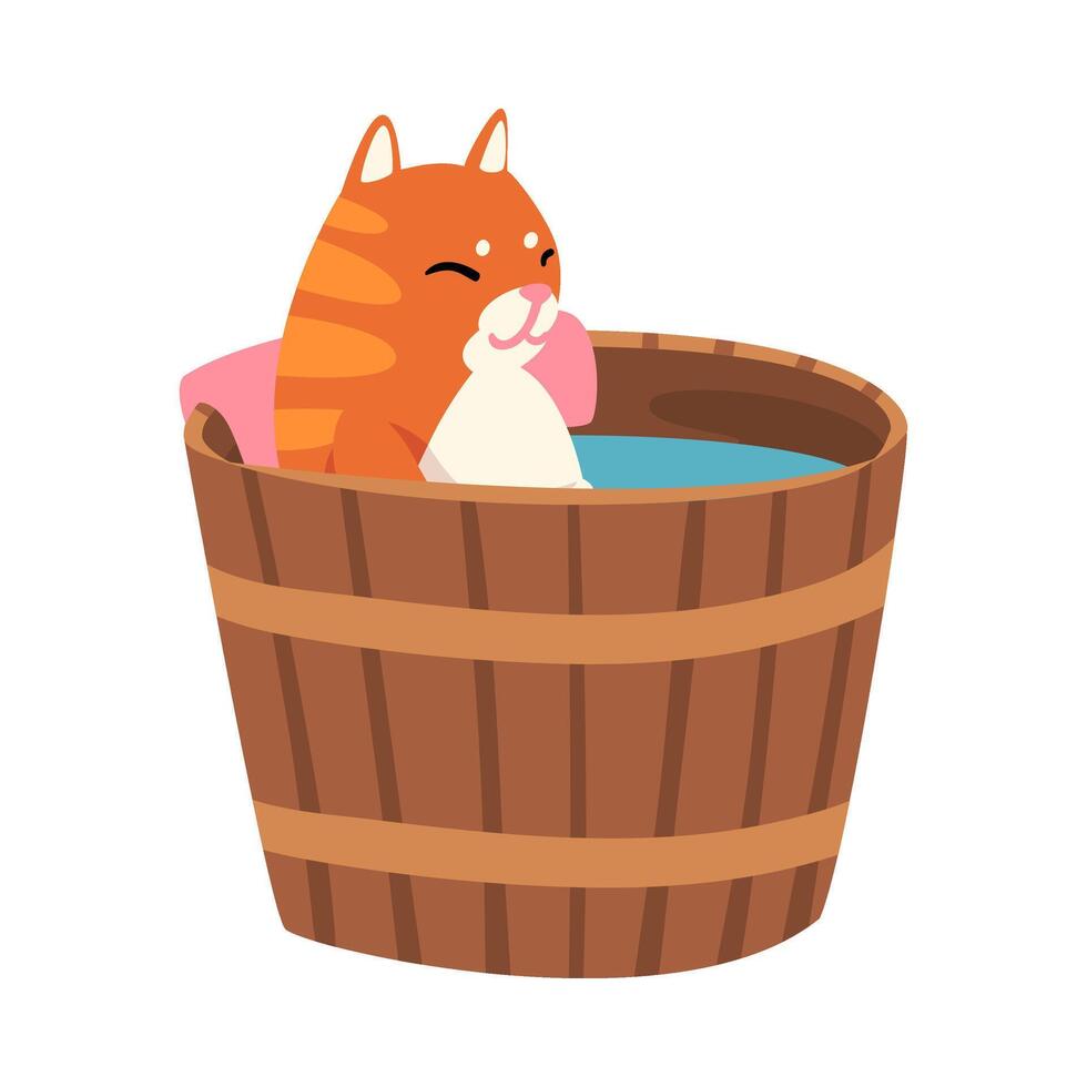 Red Cat Taking Japanese Hot Spring Bath, Funny Pet Animal Enjoying Spa Procedure in Wooden Barrel illustration vector
