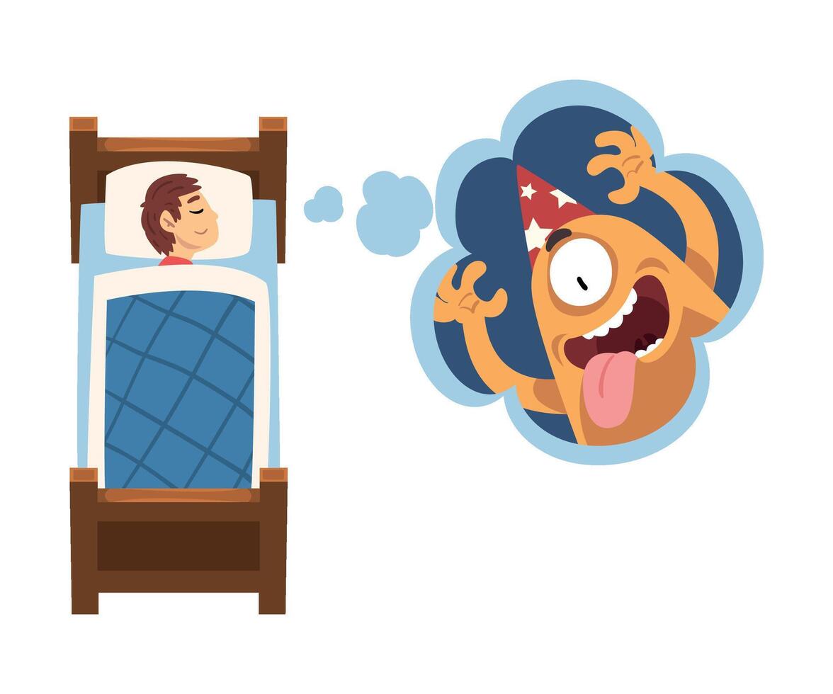 Cute Girl Sleeping in Bed and Dreaming About Cute Monster in Party Hat, Kid Lying in Bed Having Sweet Dreams Illustration vector