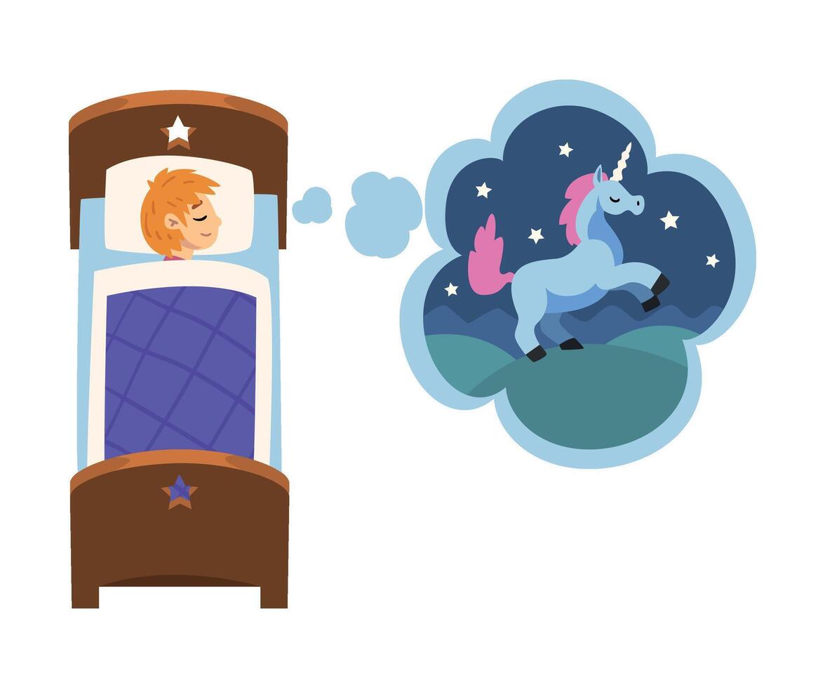 Cute Girl Sleeping in Bed and Dreaming About Unicorn Flying in Starry Sky, Kid Lying in Bed Having Sweet Dreams Illustration vector