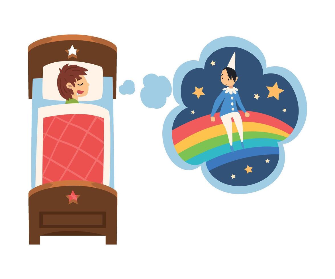 Cute Boy Sleeping in Bed and Dreaming About Boy Sitting on Rainbow, Kid Lying in Bed Having Sweet Dreams Illustration vector
