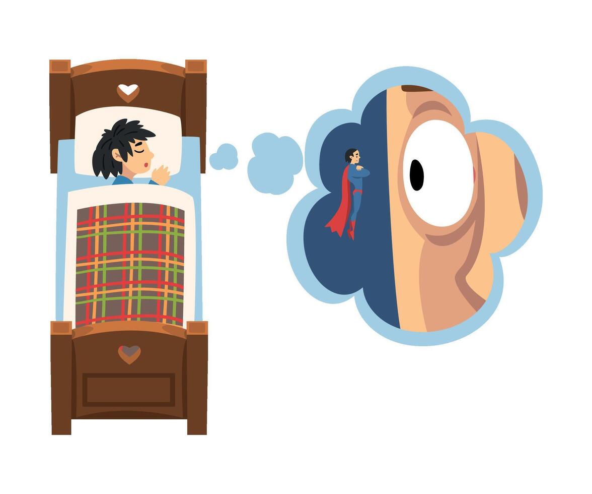 Cute Boy Sleeping in Bed and Dreaming About Superhero, Kid Lying in Bed Having Sweet Dreams Illustration vector
