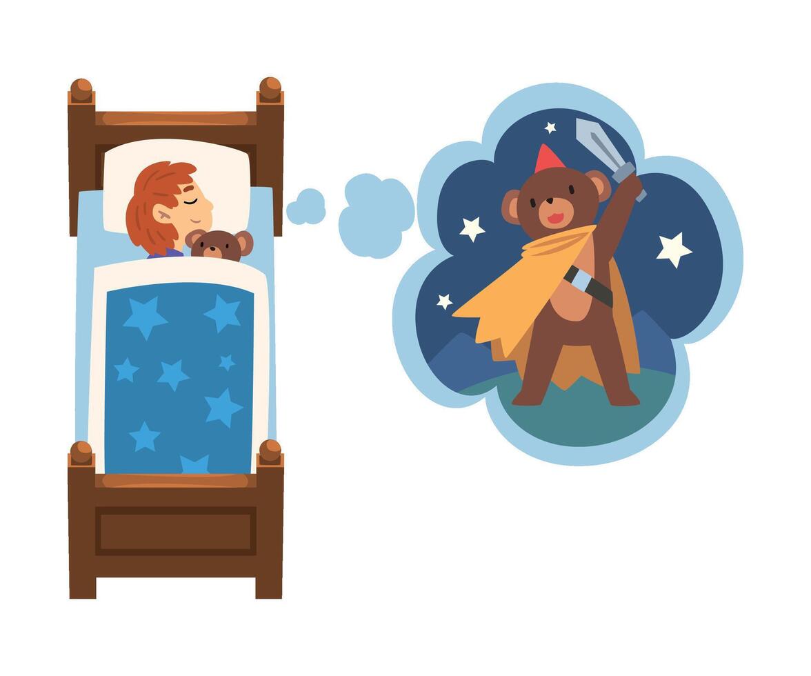 Cute Girl Sleeping in Bed and Dreaming About Bear Superhero with Sword, Kid Lying in Bed Having Sweet Dreams Illustration vector