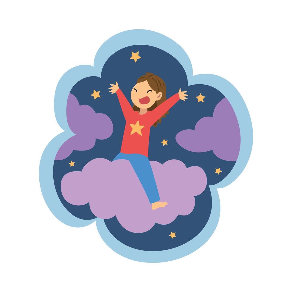 Kid Dreams, Sweet Dream Cloud with Girl Riding Cloud in Starry Sky, Childhood Fantasy Illustration vector