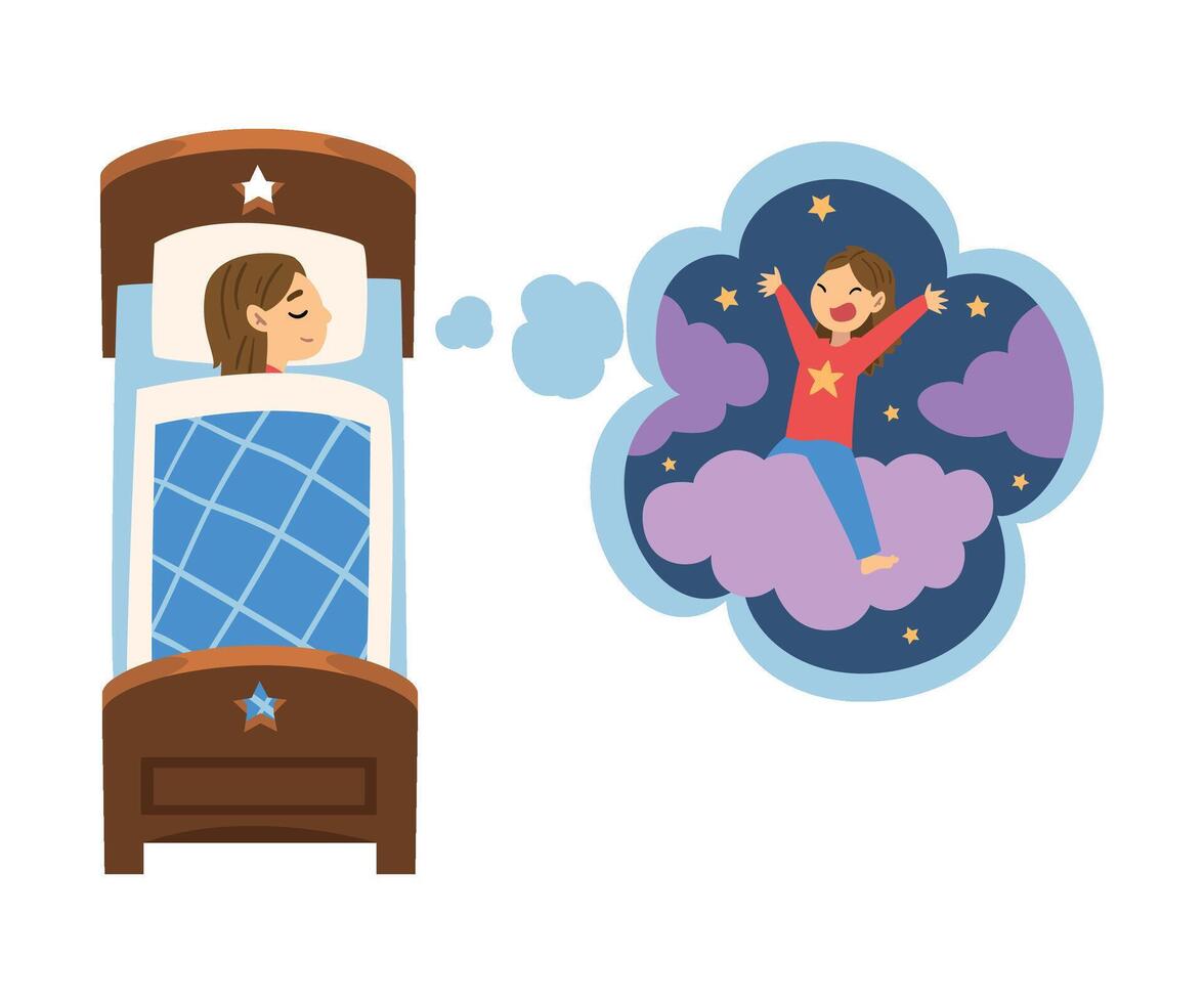 Cute Girl Sleeping in Bed and Dreaming About Girl Riding Cloud, Kid Lying in Bed Having Sweet Dreams Illustration vector