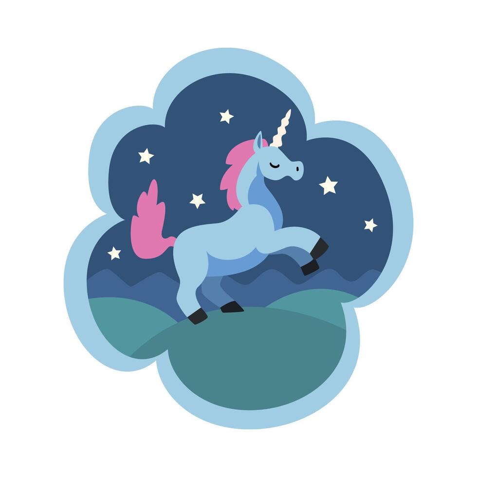 Kid Dreams, Sweet Dream Cloud with Beautiful Unicorn in Starry Sky, Childhood Fantasy Illustration vector