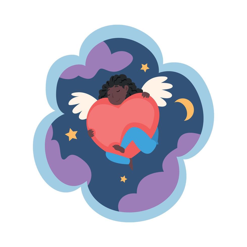 Kid Dreams, Sweet Dream Cloud with Cute Angel with Red Heart in Starry Sky, Childhood Fantasy Illustration vector