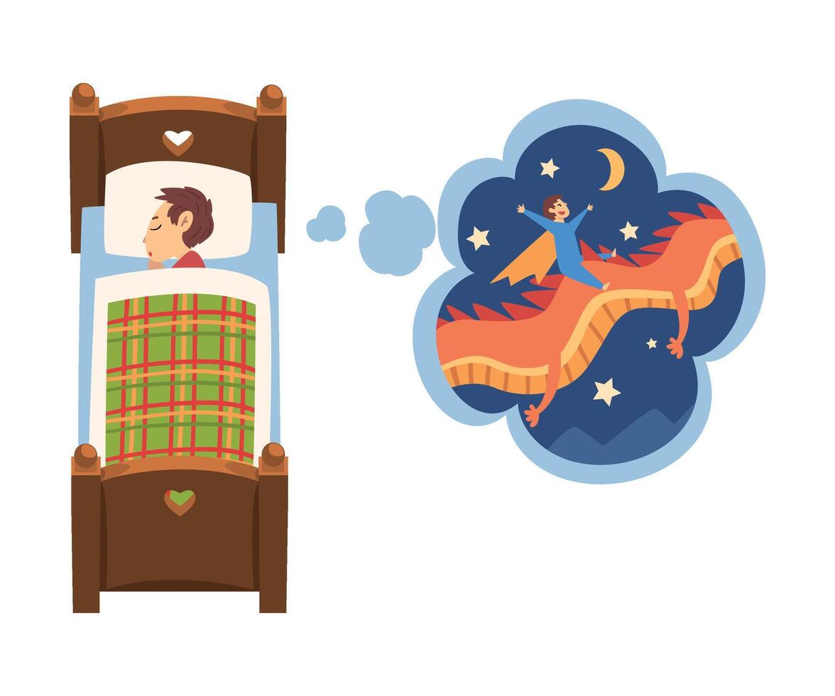 Cute Boy Sleeping in Bed and Dreaming About Superhero Boy Flying on Dragon in the Sky, Kid Lying in Bed Having Sweet Dreams Illustration vector
