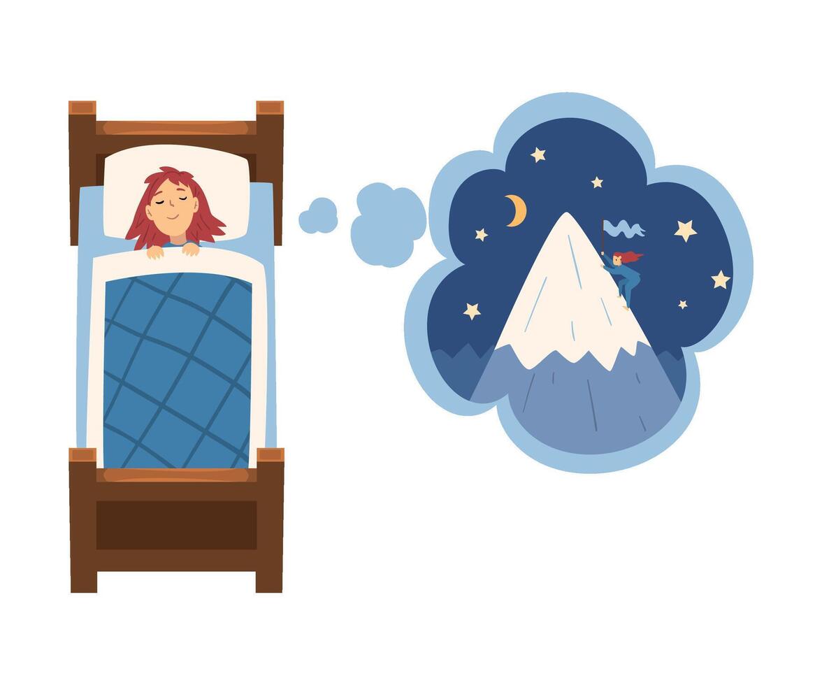 Cute Girl Sleeping in Bed and Dreaming About Mountaineering, Kid Lying in Bed Having Sweet Dreams Illustration vector