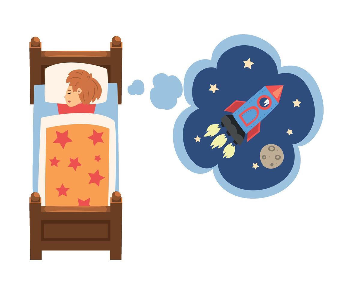 Cute Girl Sleeping in Bed and Dreaming About Rocket Flying in Starry Sky, Kid Lying in Bed Having Sweet Dreams Illustration vector