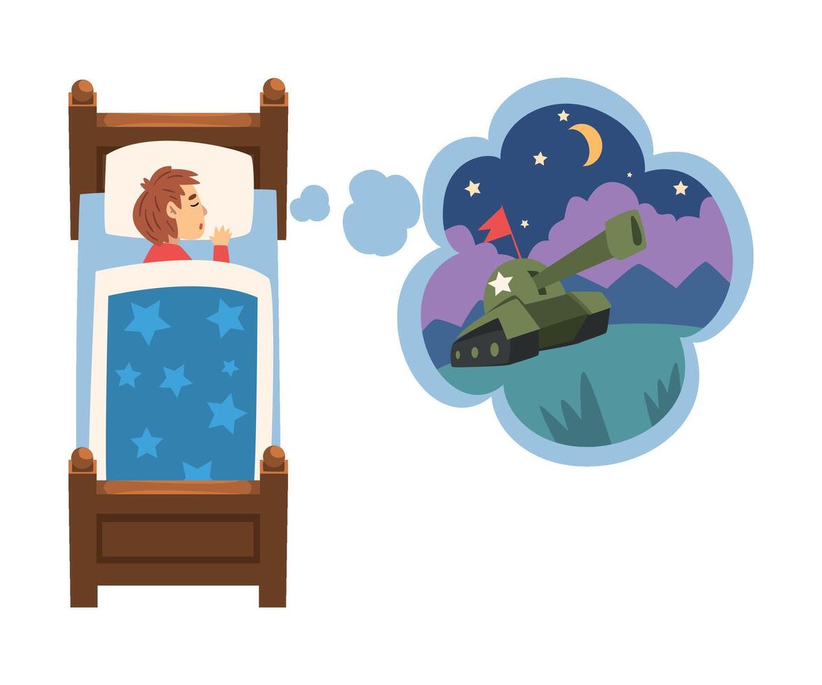 Cute Girl Sleeping in Bed and Dreaming About Military Tank, Kid Lying in Bed Having Sweet Dreams Illustration vector