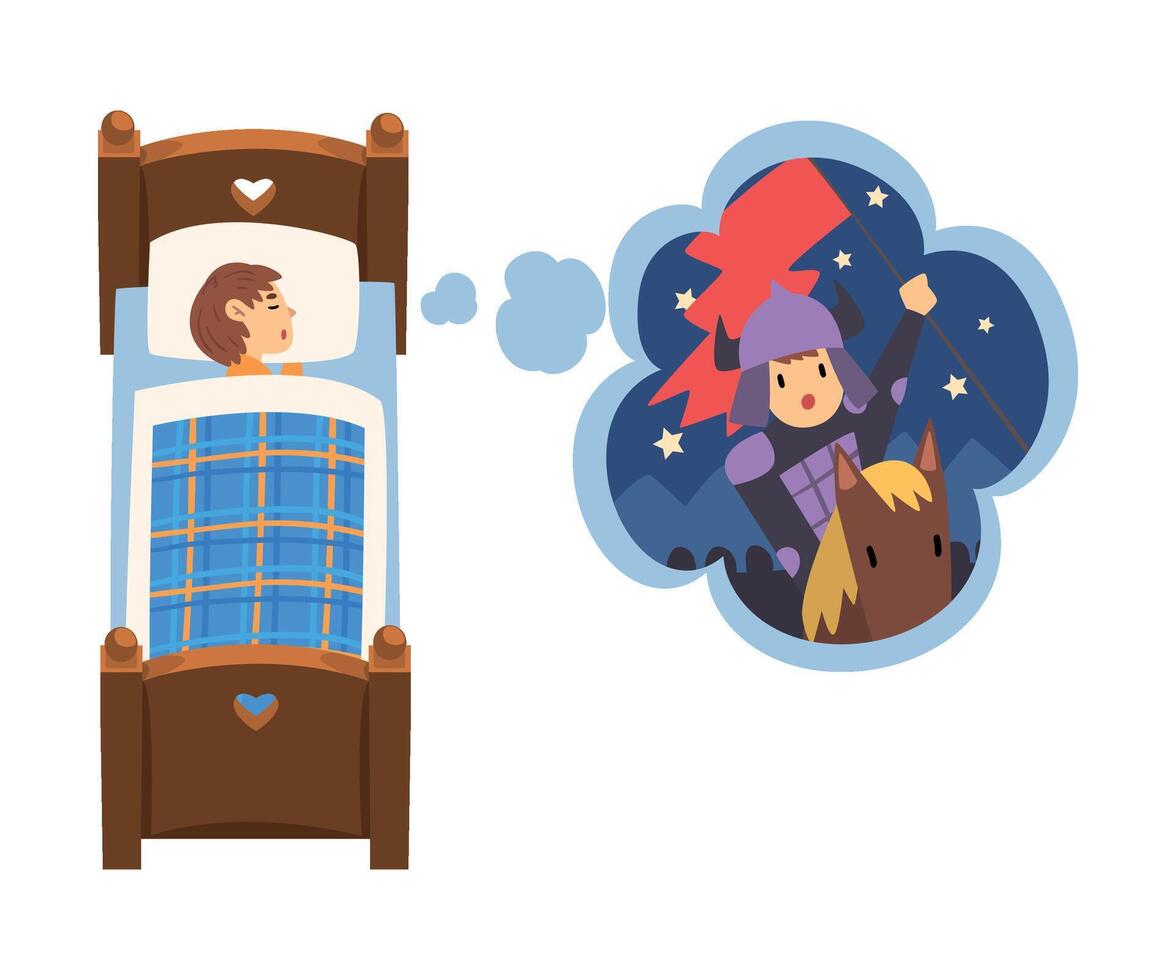 Cute Girl Sleeping in Bed and Dreaming About Knight Galloping on Horseback, Kid Lying in Bed Having Sweet Dreams Illustration vector