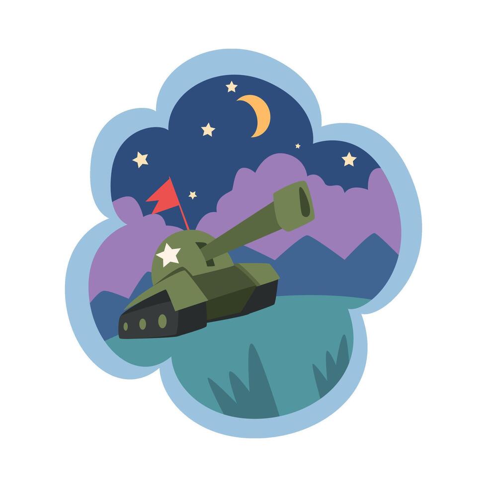 Kid Dreams, Sweet Dream Cloud with Military Tank, Childhood Fantasy Illustration vector