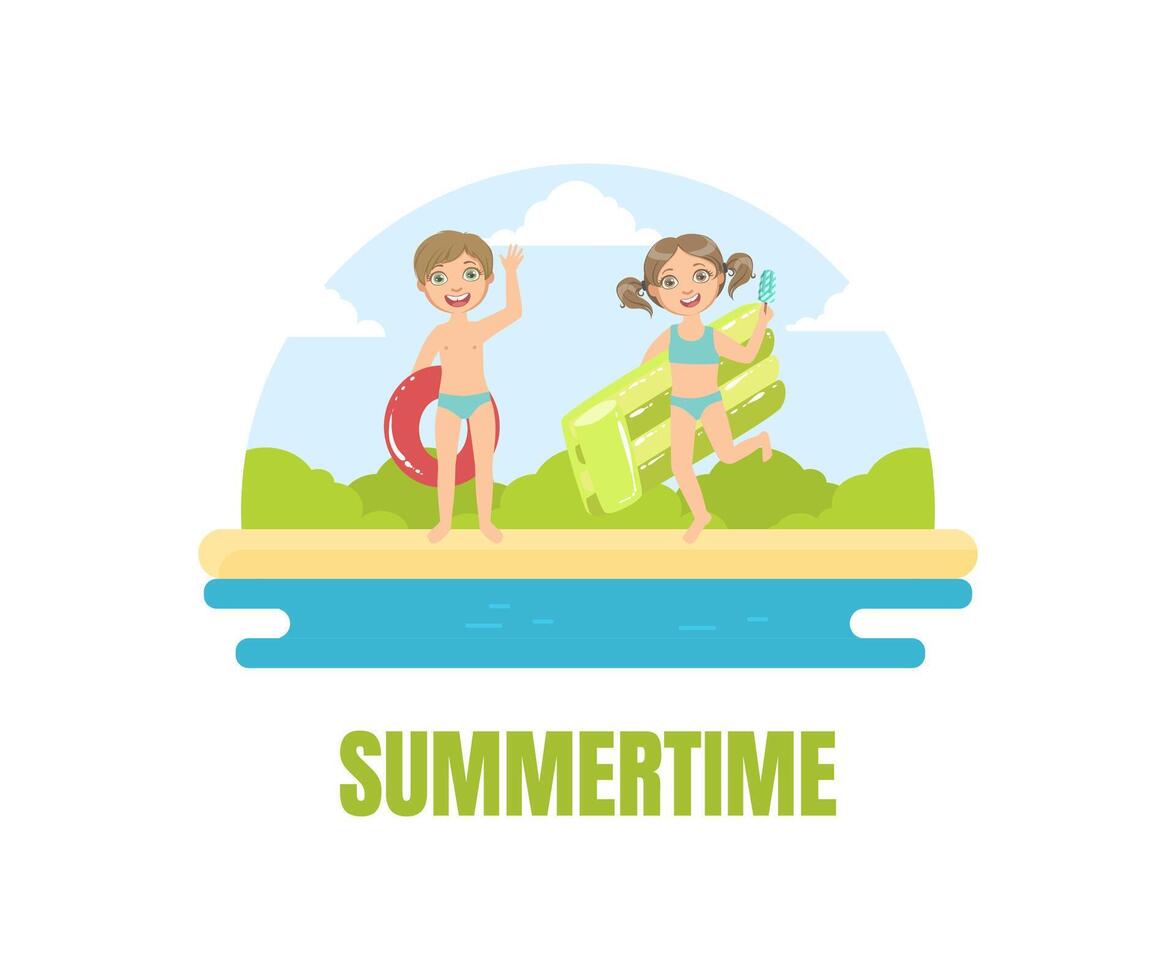 Summertime Banner Template, Boy and Girl Swimming and Having Fun on the Beach Illustration vector