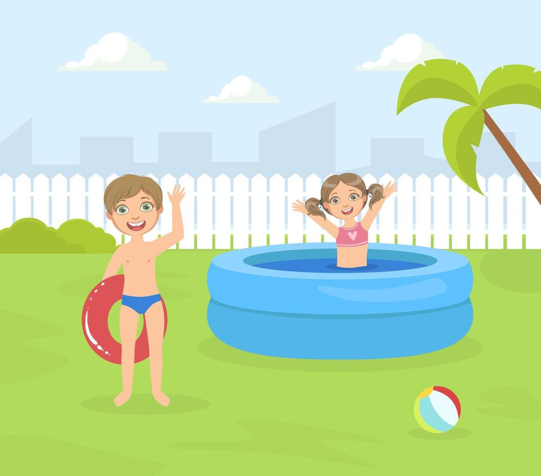Boy and Girl Playing in Inflatable Pool in the Backyard illustration vector