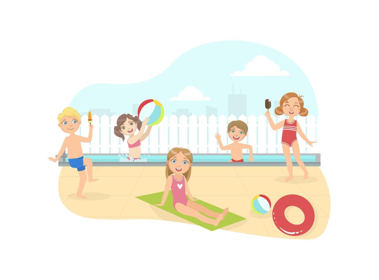Happy Boys and Girls Swimming amd Having Fun on the Beach at Summertime Illustration vector
