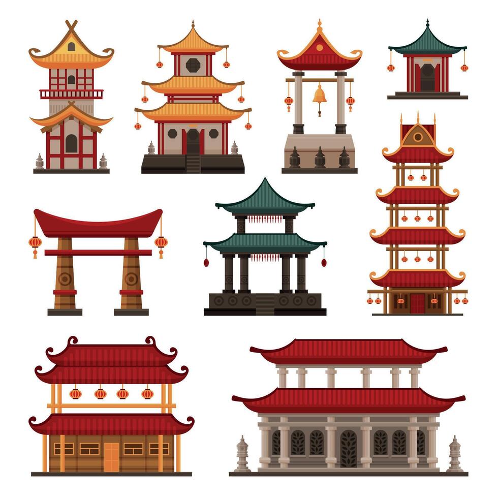 Traditional Chinese Buildings Set, Pagoda, Ancient Temple, Gate, Cultural Oriental Architecture Objects Illustration vector